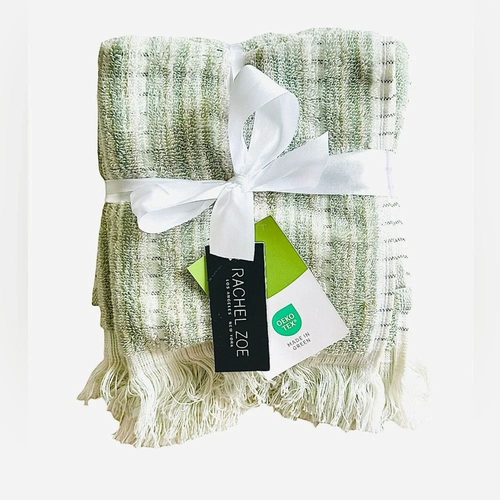 Rachel Zoe 4 Pc Washcloths Set Light Green Stripes w/ Fringe 100% Cotton NEW